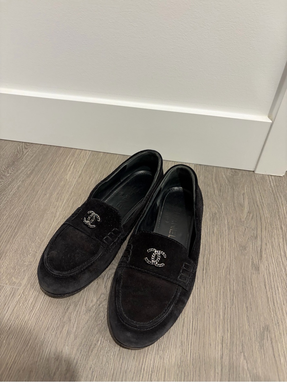 CHANEL Black Suede Slip-On Loafers